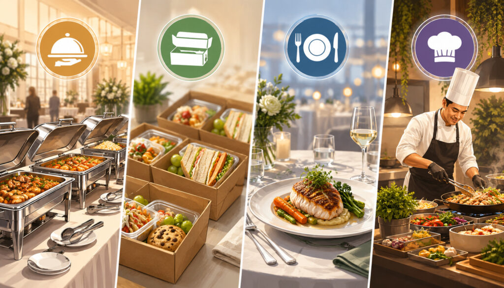 Catering buffet, boxed lunch, plated meal, and chef food station options