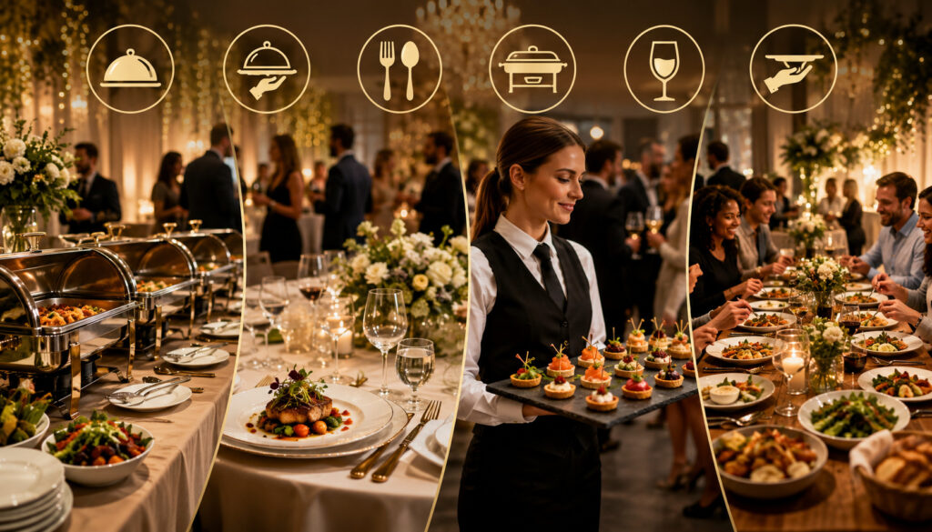Event catering styles with buffet, plated dinner, and canapé service