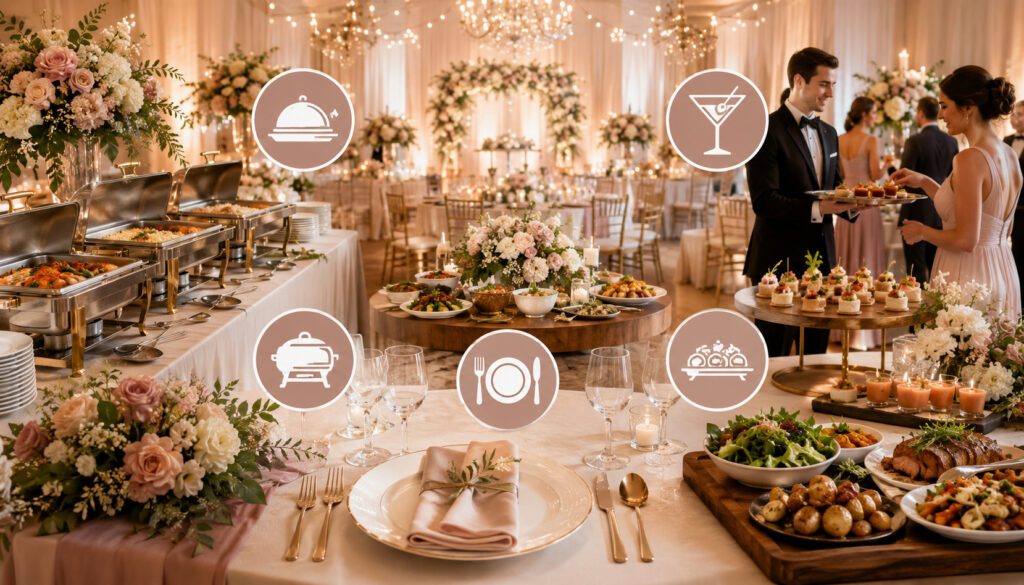 Wedding catering styles with buffet, plated dinner, and appetizer service