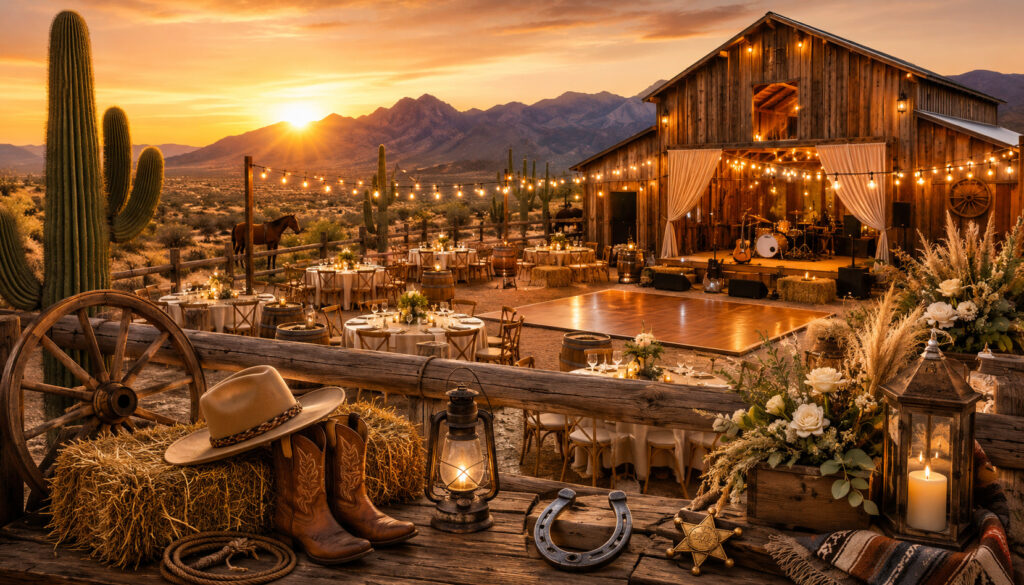 Western ranch event venue at sunset with rustic decor and string lights