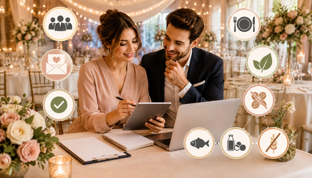 Event planners confirming RSVPs, guest count, and dietary needs