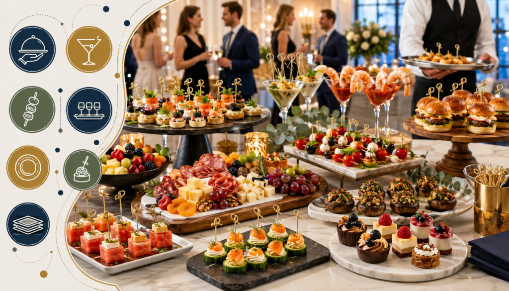 Elegant cocktail hour appetizer spread with hors d’oeuvres and party icons