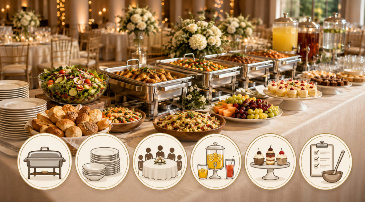 Event catering buffet with food quantity planning icons