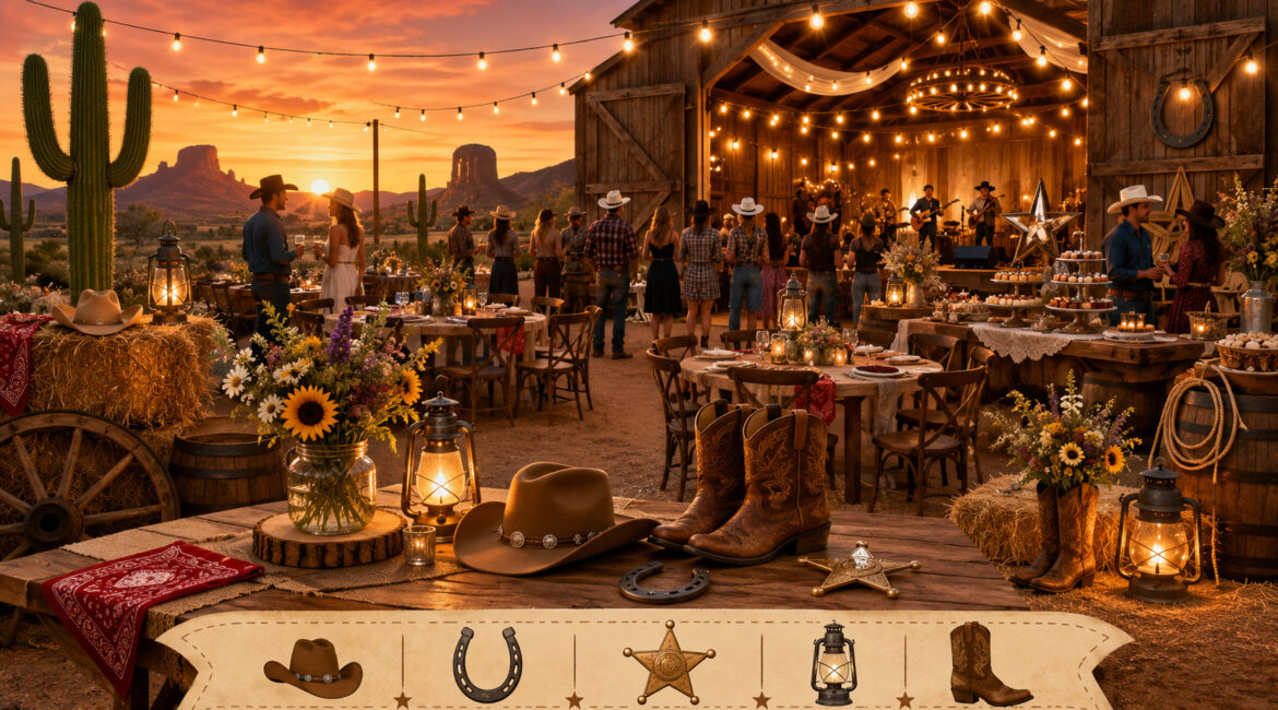 Western-themed barn event with cowboy decor, lanterns, and rustic tables