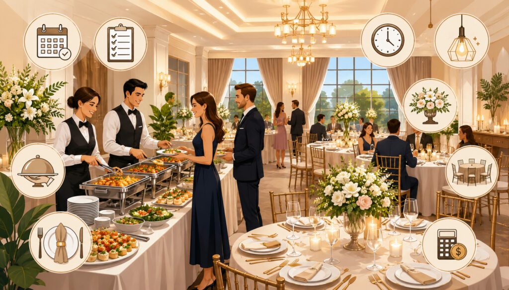 Indoor catering setup with buffet, guests, and event planning icons