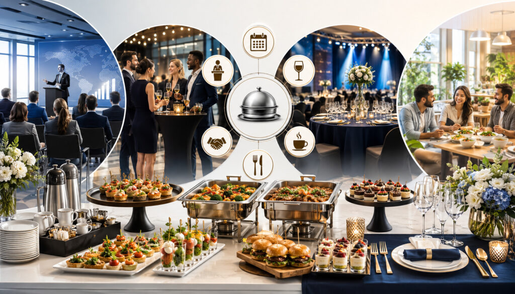 Corporate event catering menu options for meetings, receptions, galas, and team lunches