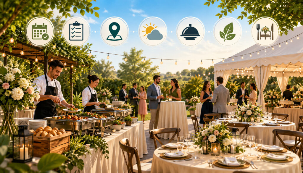 Outdoor catering setup with buffet, guests, and planning icons