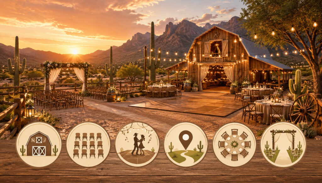 Rustic Western venue layout with barn and desert event icons