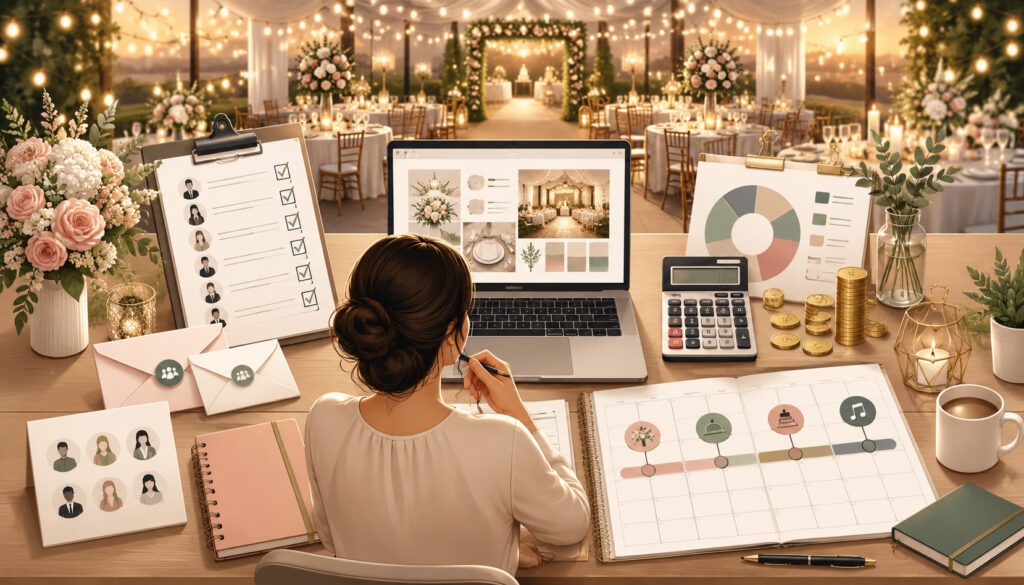Event planner organizing guest list, budget, and timeline for a celebration