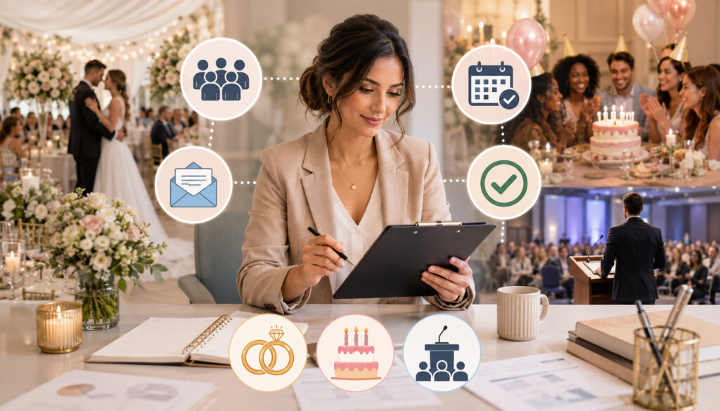 Event planner managing guest count and RSVPs for different event types