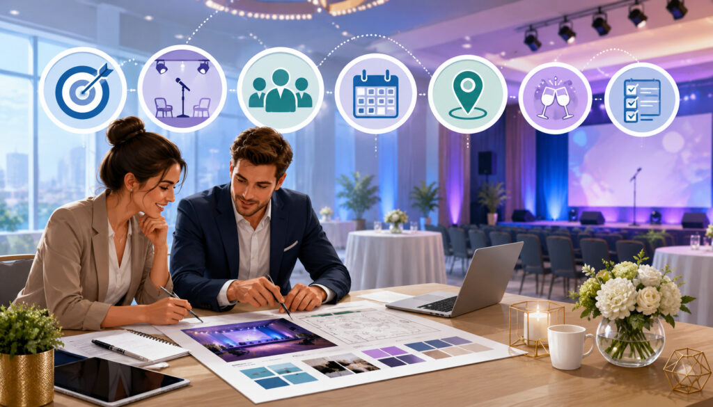 Event planners organizing goals, format, and guest expectations