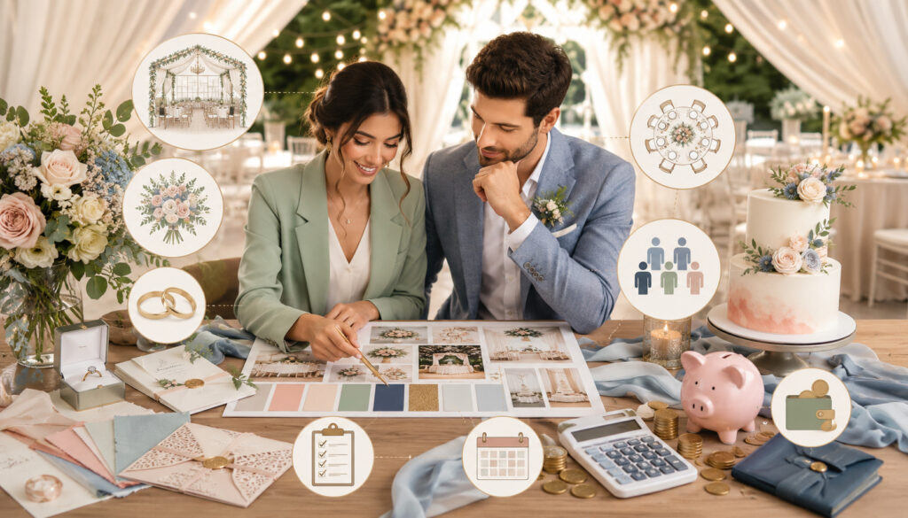 Wedding planning mood board with guest list and budget icons