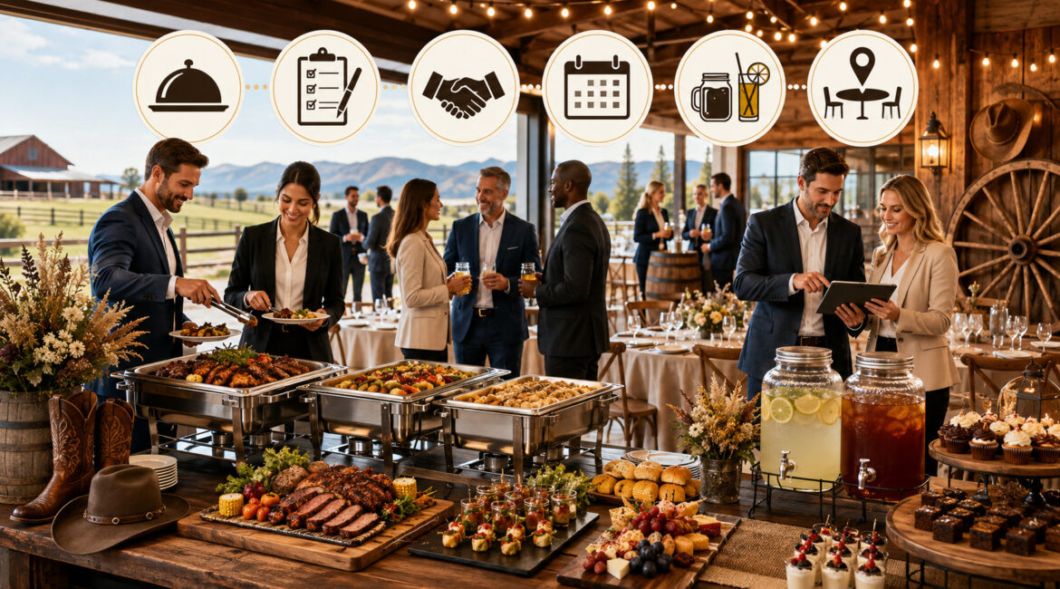 Western-themed corporate catering buffet with event planning icons