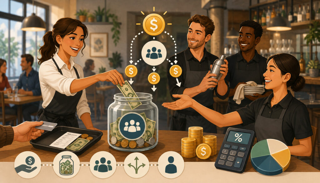Restaurant staff pooling and sharing tips among team members
