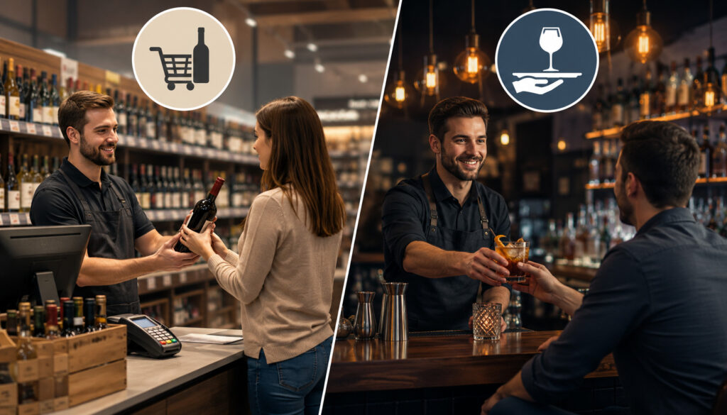 Liquor store sale versus bartender serving alcohol at a bar