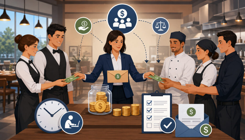 Service charge distribution and overtime pay for restaurant employees