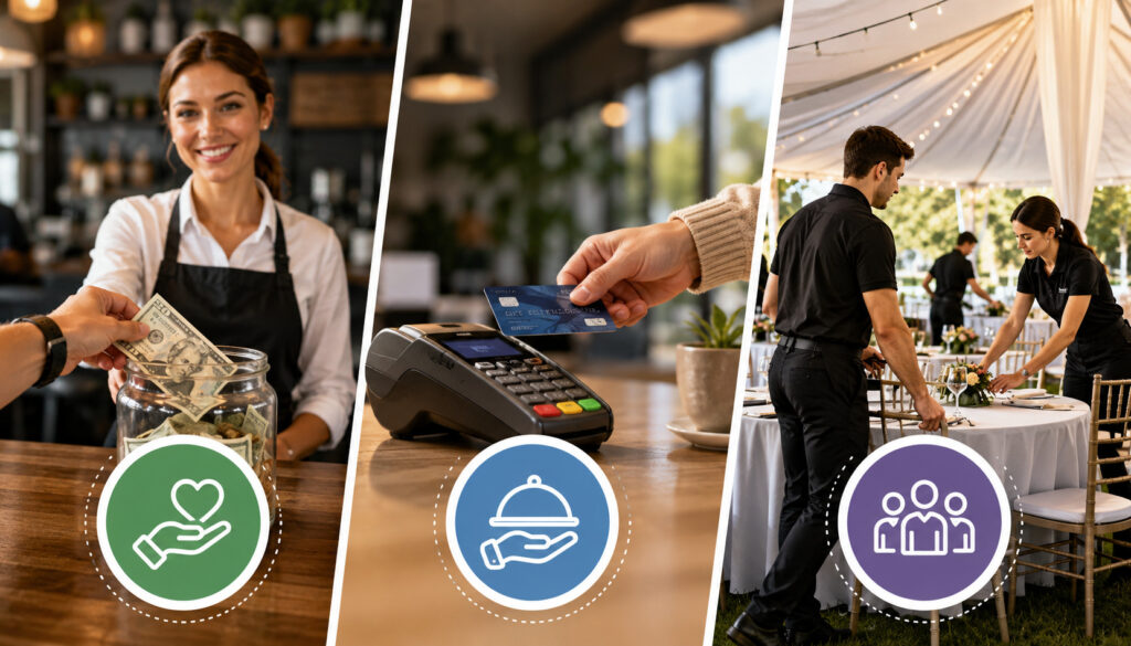 Tip, service charge, and event labor fee illustration