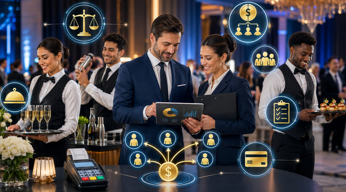 Event staff with digital icons for gratuity distribution, service charges, payments, and legal compliance